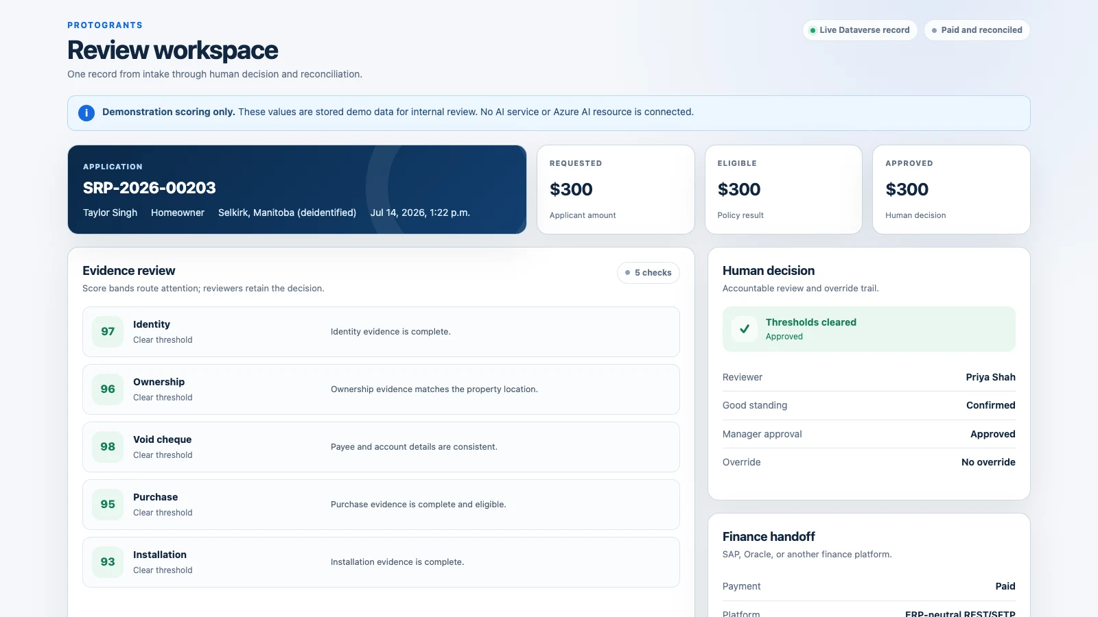 ProtoGrants payment control screen